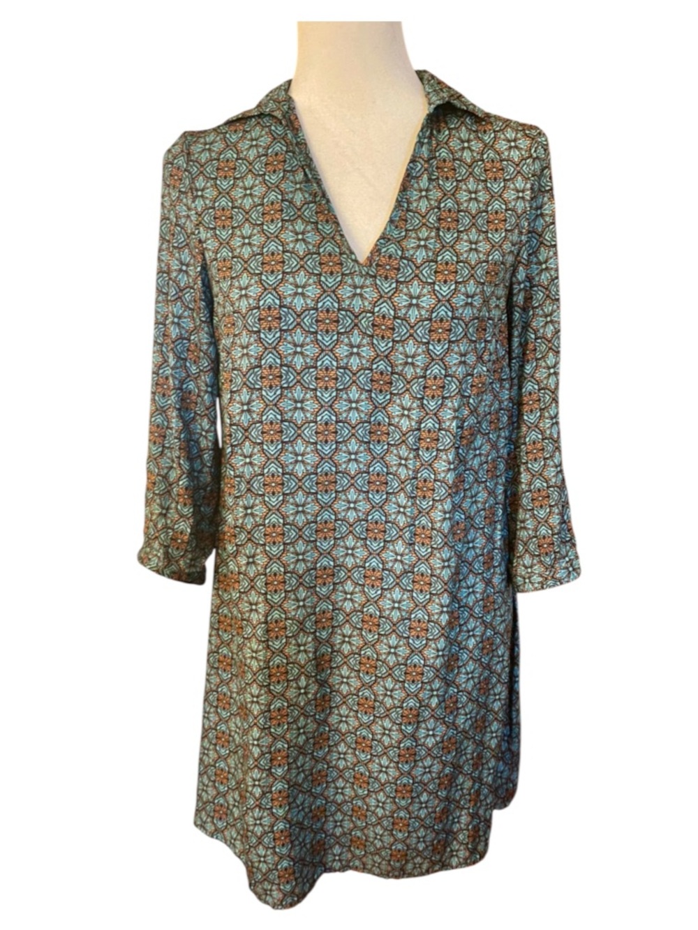 Basement Collection Teal Geometric Mosaic Tile Print Collared Shift Dress Small